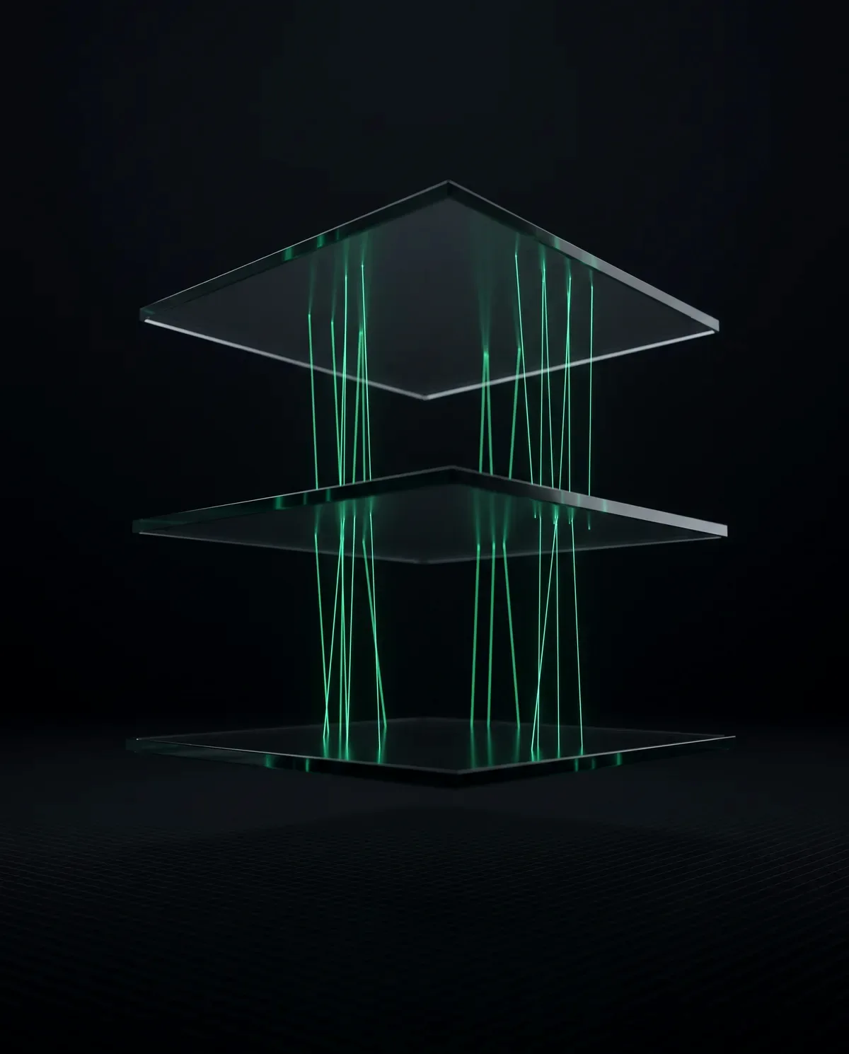 Three floating glass planes connected by threads of green light: the product, agent and infrastructure layers VisionArchitech builds end to end